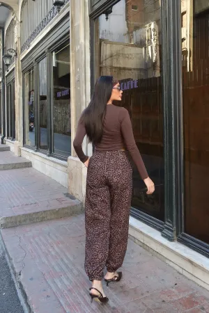 Gabardin Kumaş Desenli Pantolon Kahve Leopar 6