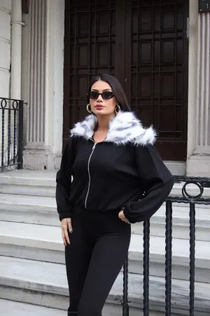 Oysho Kumaş Yakası Kürklü Hırka Siyah Siyah 1