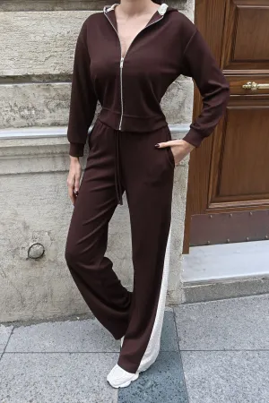 Oysho Kumaş Kontrast Şeritli Kapüşonlu Takım Kahverengi 6