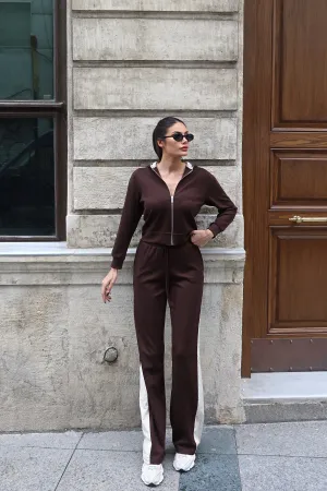 Oysho Kumaş Kontrast Şeritli Kapüşonlu Takım Kahverengi 5