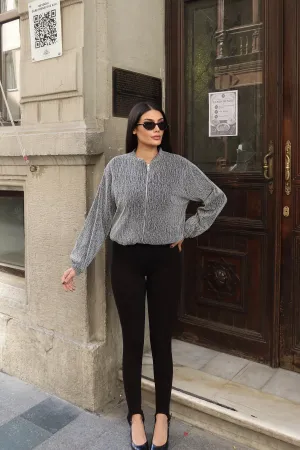 Simli Kumaş Fermuarlı Astarlı Ceket Gri Gri 7