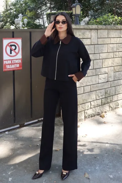 Gabardin Kumaş Fermuarlı Yaka Garnili Ceket Siyah