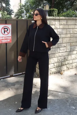 Gabardin Kumaş Fermuarlı Yaka Garnili Ceket Siyah