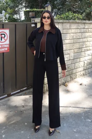 Gabardin Kumaş Fermuarlı Yaka Garnili Ceket Siyah