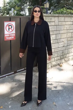 Gabardin Kumaş Fermuarlı Yaka Garnili Ceket Siyah