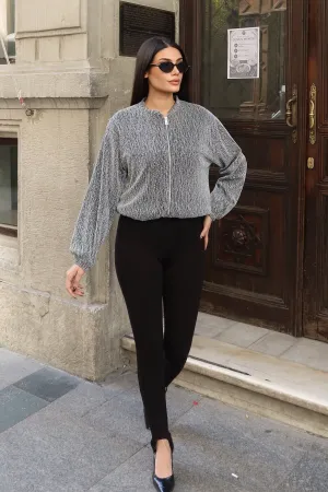 Simli Kumaş Fermuarlı Astarlı Ceket Gri Gri 6