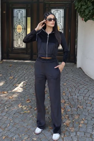 Kadife Kumaş Fermuarlı Biyeli Kapşonlu Hırka Siyah Siyah 6