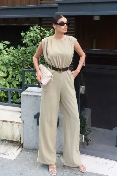Linda Twill Kumaş Kemerli Tulum — Yeşil