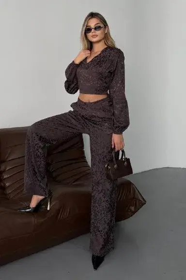 Leopar Desenli Saten Bluz Kahverengi 1