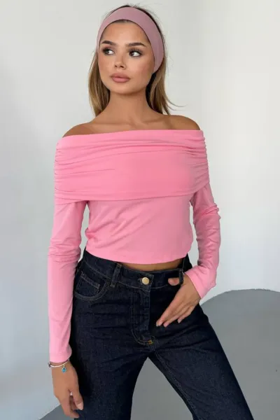 Dalgıç Kumaş Madonna Yaka Pembe Bluz