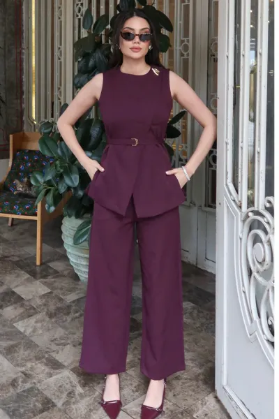 Double Kumaş Astarlı Yelekli Takım Şık Cool — Bordo