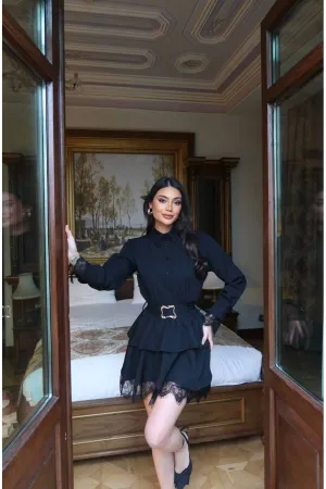 Double Kumaş Dantel Detay Gömlek Elbise — Siyah 3