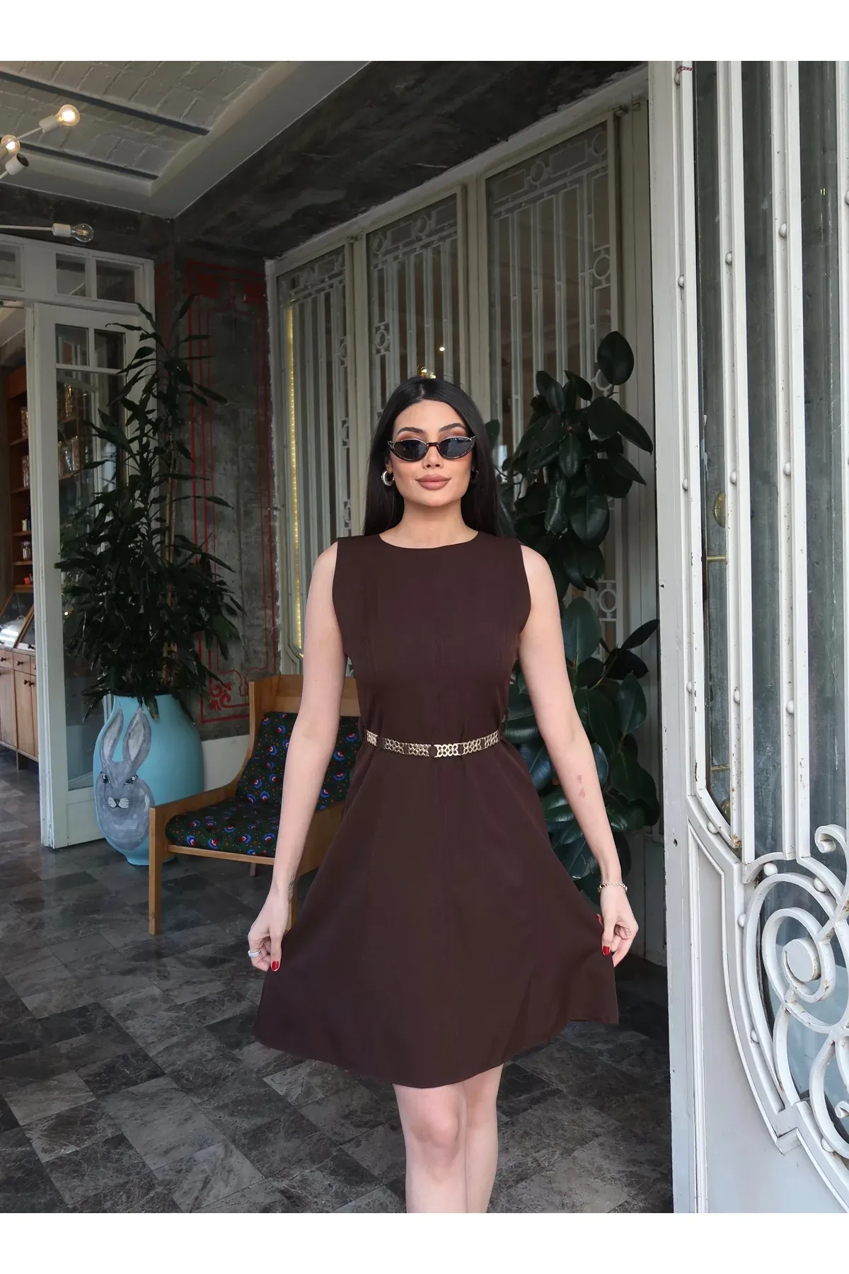 Kahverengi double kumaş kemerli elbise