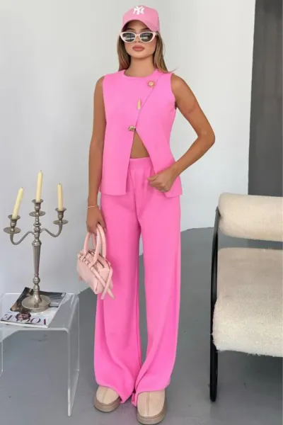 Gold Aksesuarlı Triko Takım — Pembe