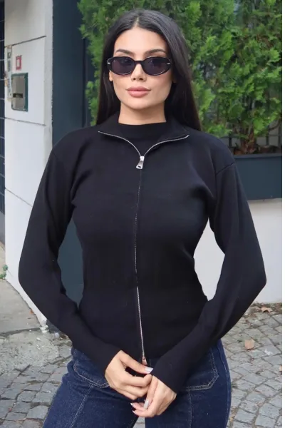 Fitilli Triko Dik Yaka Fermuarlı Hırka — Siyah