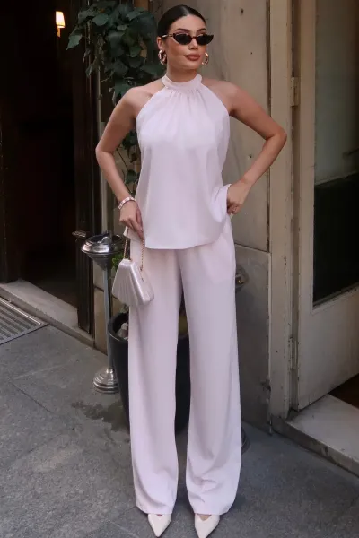 Linda Twil Kumaş Halter Yaka Takım — Pembe