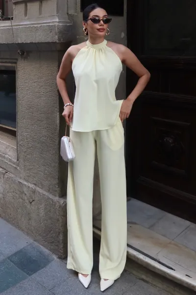 Linda Twil Kumaş Halter Yaka Takım — Sarı