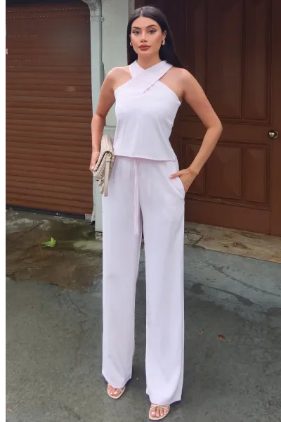 Linda Twill Kumaş Boyundan Geçmeli Takım — Pembe