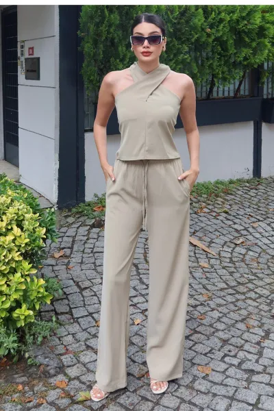 Linda Twill Kumaş Boyundan Geçmeli Takım — Yeşil