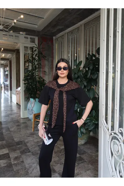 Oysho Kumaş Leopar Detay Bağlamalı Takım — Siyah