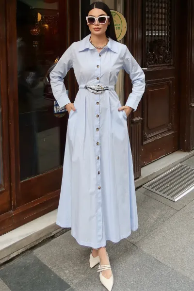 Poplin Kumaş Akseusarlı Elbise — Mavi