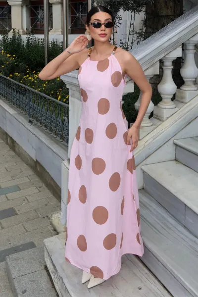 Poplin Kumaş Büyük Puantiye Desenli Uzun Elbise — Pembe