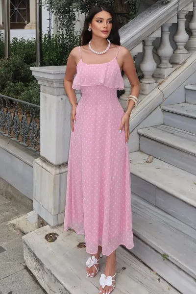 Şifon Astarlı Puantiyeli Askılı Elbise — Pembe