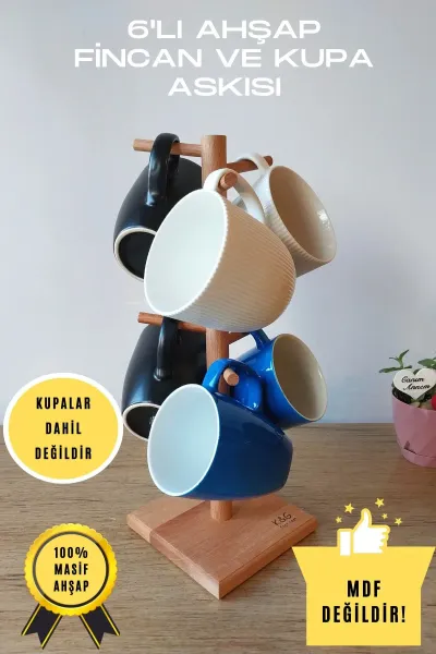 (SADECE ASKILIK) Fincan Ve Kupa Askılığı 6'lı Ahşap Askılık