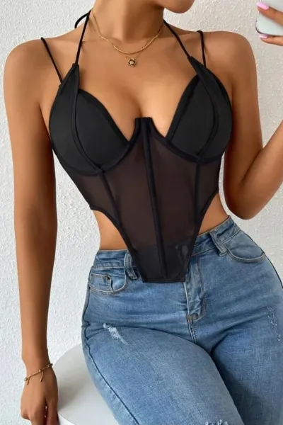 Kadın Siyah Transparan Tül Balenli İnce Askılı Büstiyer Body