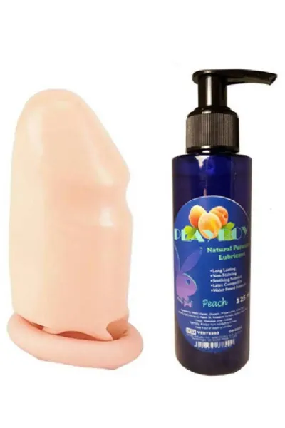 Playboy Şeftali Aromalı Kayganlaştırıcı Jel 125 ml ve Dokulu Penis Kılıfı Seti