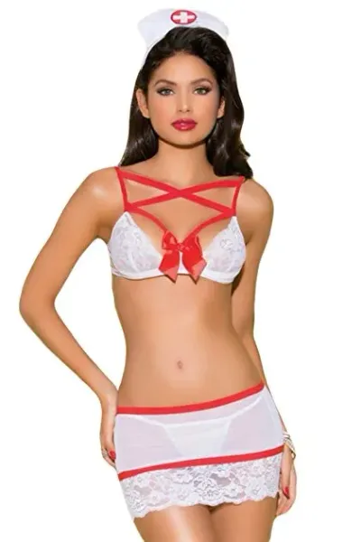 Kadın Hemşire Kostümü Dantel Bralet ve Mini Etek Seti Beyaz Kırmızı