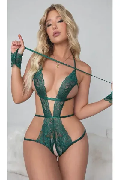 Kadın Zümrüt Yeşili Dantel Bodysuit Çapraz İp Detaylı