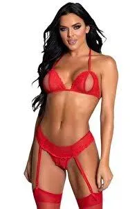 Kırmızı Dantel Bralet, Jartiyer ve String Takımı 3 Parça