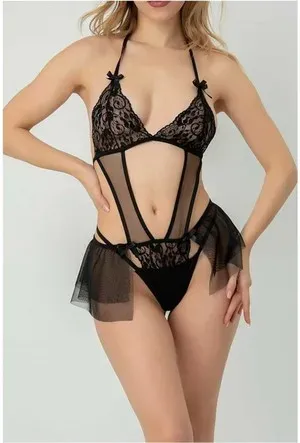 Siyah Dantel Tül Fırfır Detaylı Babydoll Gecelik