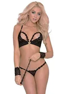 Siyah Dantel Bralet, String ve Bileklik Aksesuar Seti