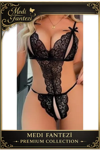 Siyah Dantel Detaylı Dekolteli Kadın Bodysuit