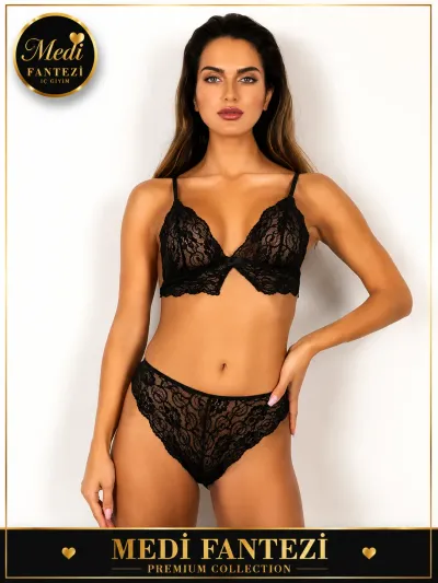 Siyah Dantel Bralet ve Külot Takımı İnce Askılı Fantazi İç Giyim Seti