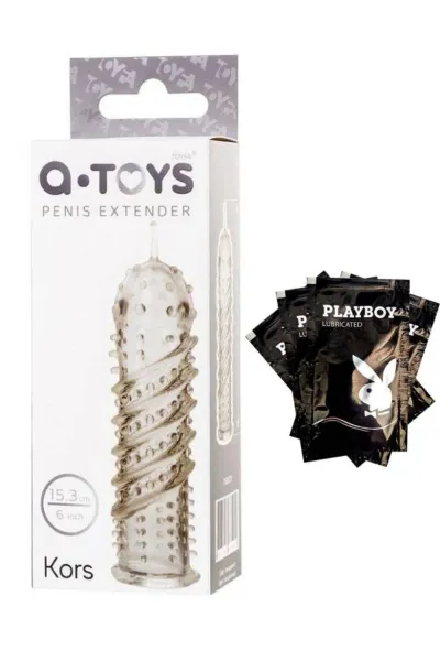 A-Toys Kors Şeffaf Spiral Tırtıklı Penis Kılıfı ve Playboy Kayganlaştırıcı Seti