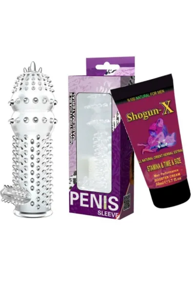 Shogun-X Erkek Masaj Kremi 50 ml ve Şeffaf Tırtıklı Penis Kılıfı Seti