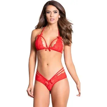 Kırmızı Dantel Boyundan Bağlamalı Bralet ve Külot Takımı