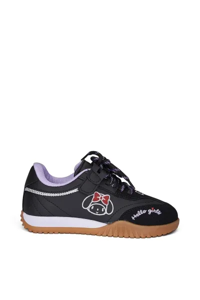 Sevimli Karakter Nakışlı Cırtlı Bağcıklı Kız Çocuk Günlük Sneaker — Siyah