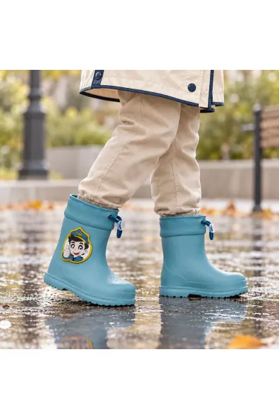 Işıklı Emojili Su Geçirmez Kaymaz Taban Unisex Çocuk Yağmur Çizmesi — Turkuaz