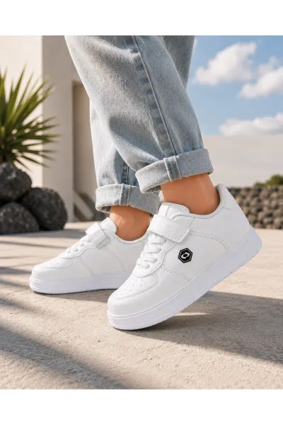 Unisex Çocuk Spor Ayakkabı Cırt Cırtlı Hafif Rahat Günlük Okul Sneaker — Beyaz