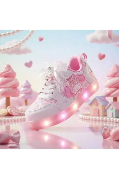 Kız Çocuk İnci Detaylı Dantelli Kurdeleli Işıklı Sneaker