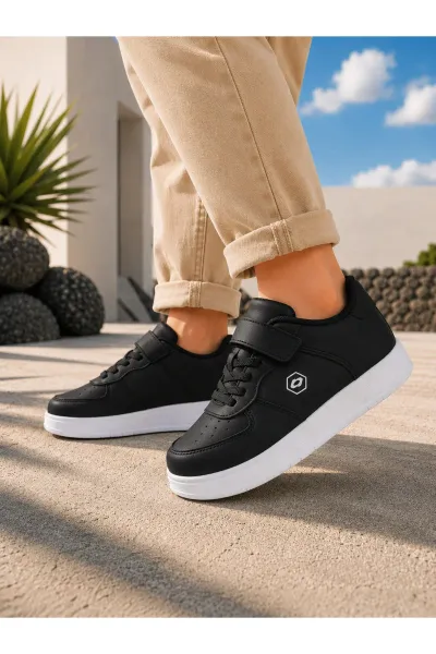 Unisex Çocuk Spor Ayakkabı Cırt Cırtlı Hafif Rahat Günlük Okul Sneaker — Siyah