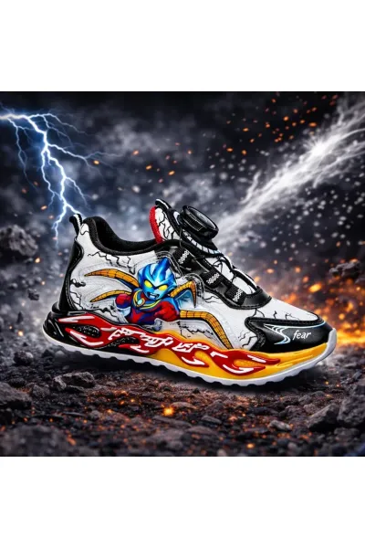 Erkek Çocuk Akıllı Bağcıklı Ateş Desenli Spor Sneaker Ayakkabı — Siyah beyaz