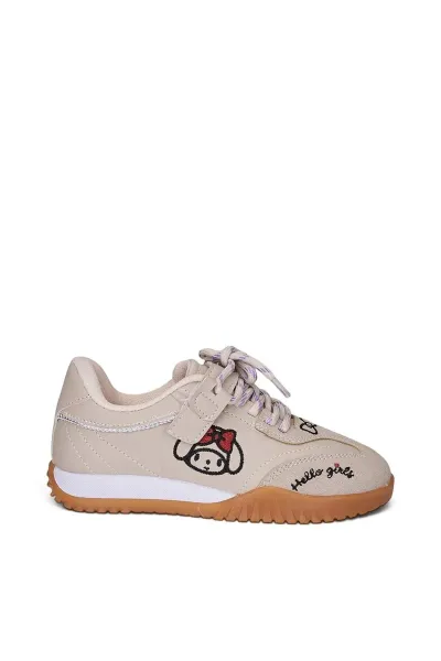 Sevimli Karakter Nakışlı Cırtlı Bağcıklı Kız Çocuk Günlük Sneaker — Bej
