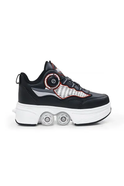 Unisex Tek Tuşla Açılıp Kapanabilen Gizli Tekerlekli Patenli Spor Ayakkabı Sneaker — Siyah