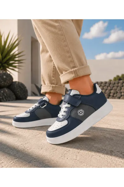 Unisex Çocuk Spor Ayakkabı Cırt Cırtlı Hafif Rahat Günlük Okul Sneaker — Lacivert bej
