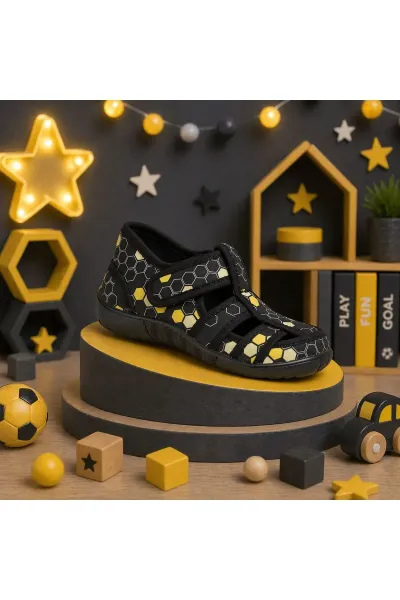 Günlük Unisex Çocuk Desenli Sandalet Kaymaz Taban Keten Cırtlı Ev Okul Kreş Ayakkabı